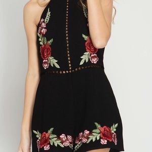 She + Sky Black Floral Embroidered Halter Romper